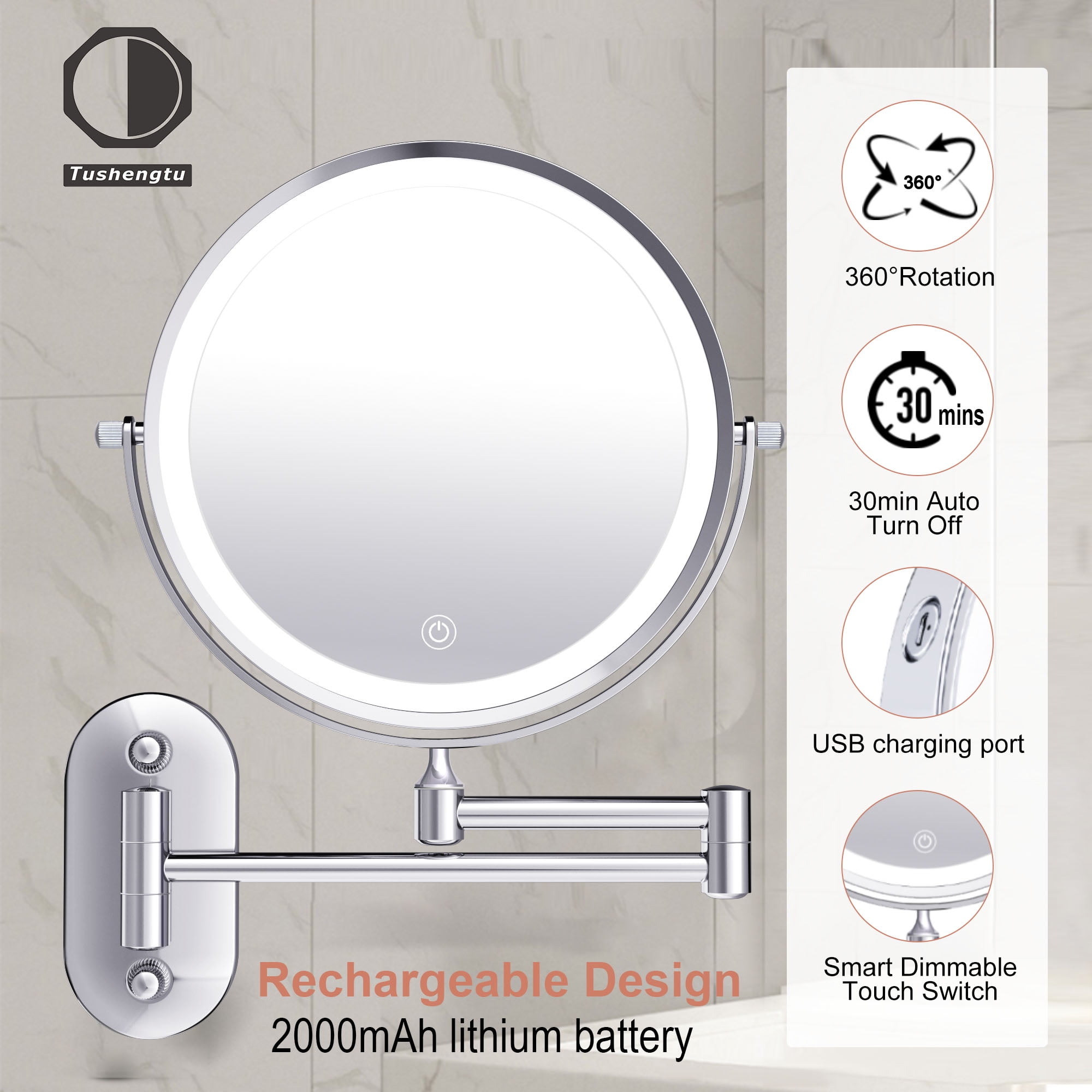 8" Lighted Bathroom Mirror with 360° Rotation