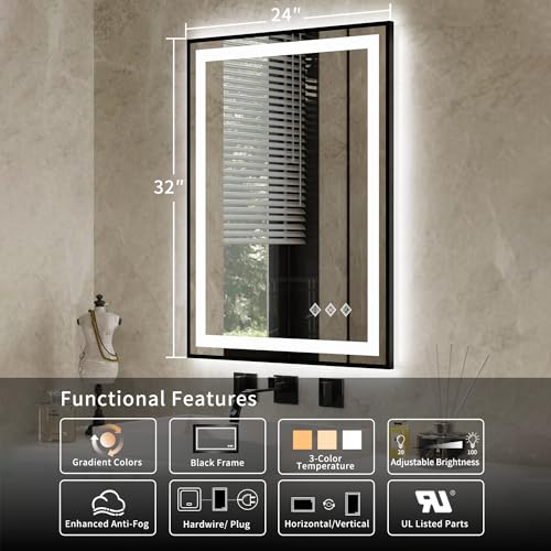 WIAONE 24x32 Inch LED Backlit Bathroom Mirror