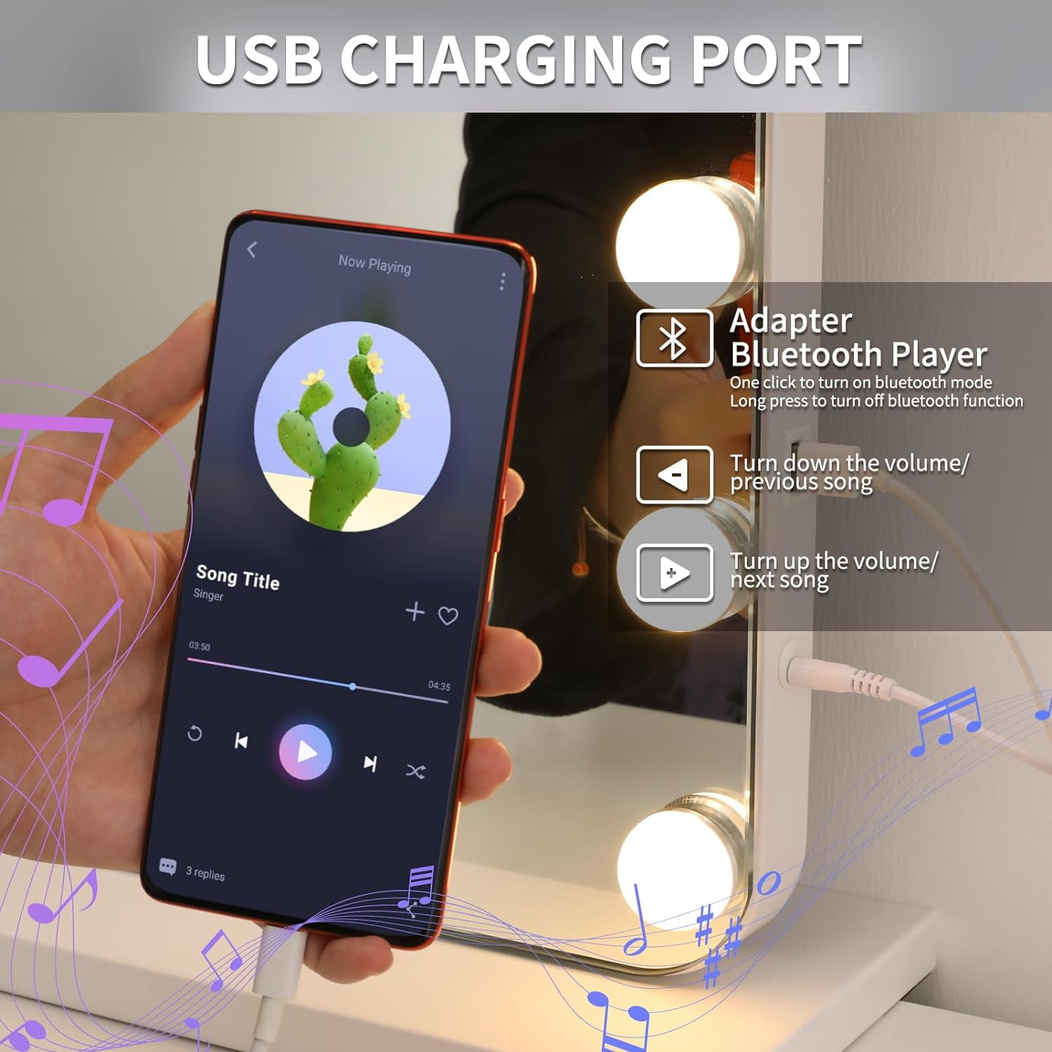 Pirecart Bluetooth Vanity Mirror with Lights and USB