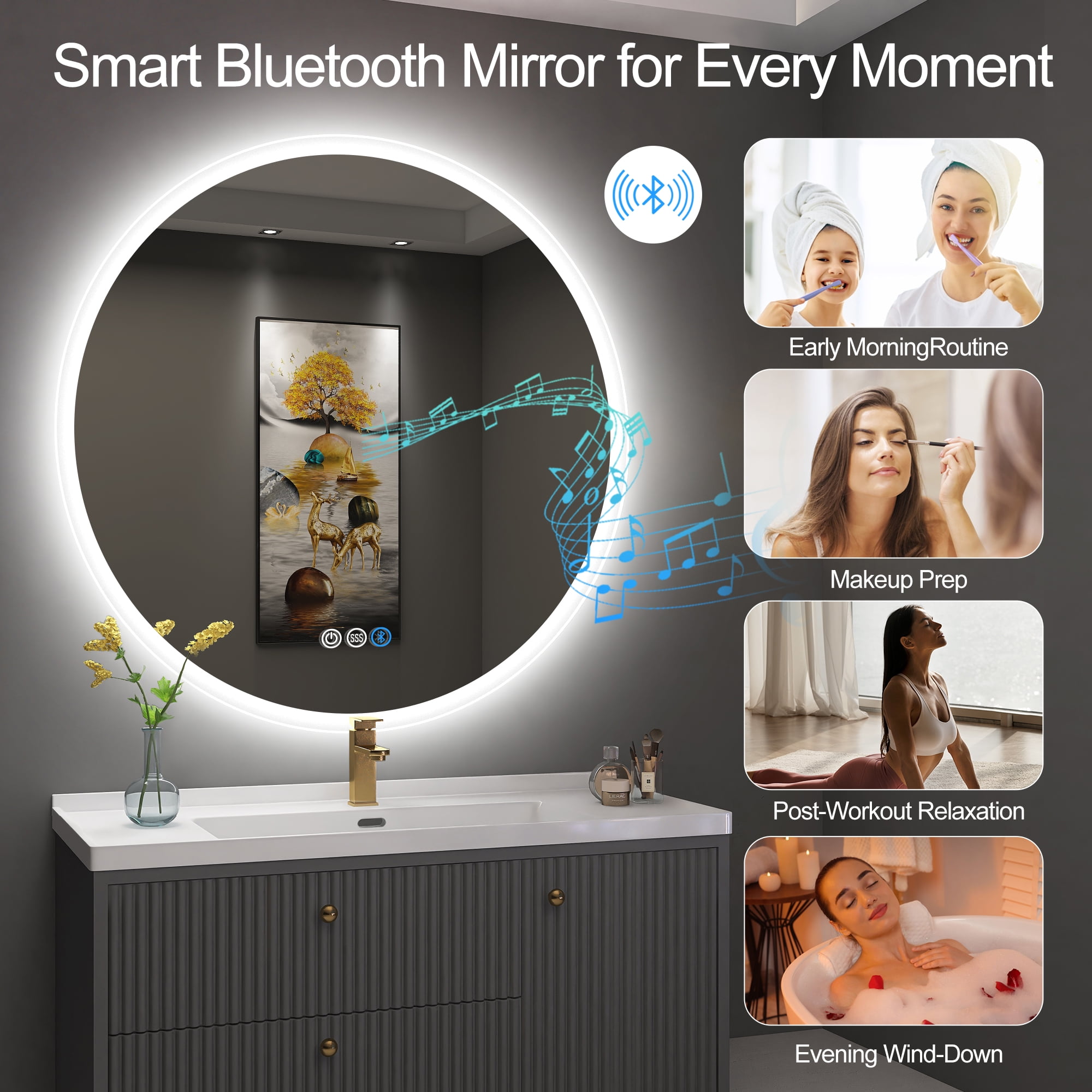 32" LED Bluetooth Round Bathroom Mirror