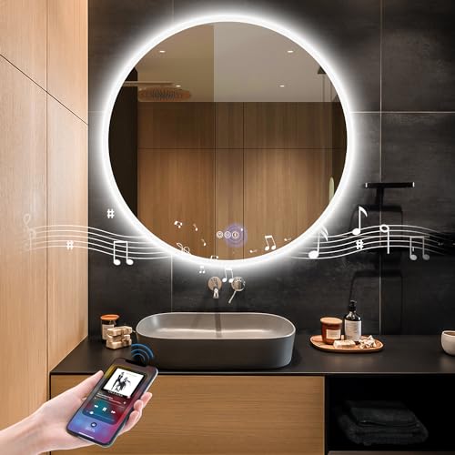 32” Round LED Bathroom Mirror with Bluetooth Speaker
