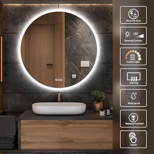 32” Round LED Bathroom Mirror with Bluetooth Speaker