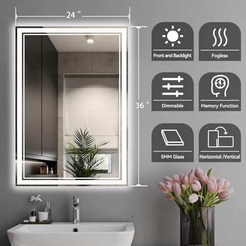 24"x36" Dimmable LED Bathroom Mirror with Anti-Fog