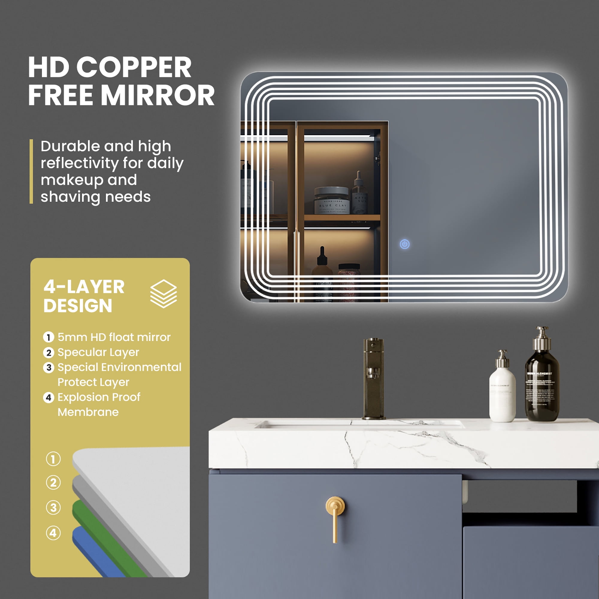 Rectangle LED Bathroom Mirror with Dimmable Touch Switch