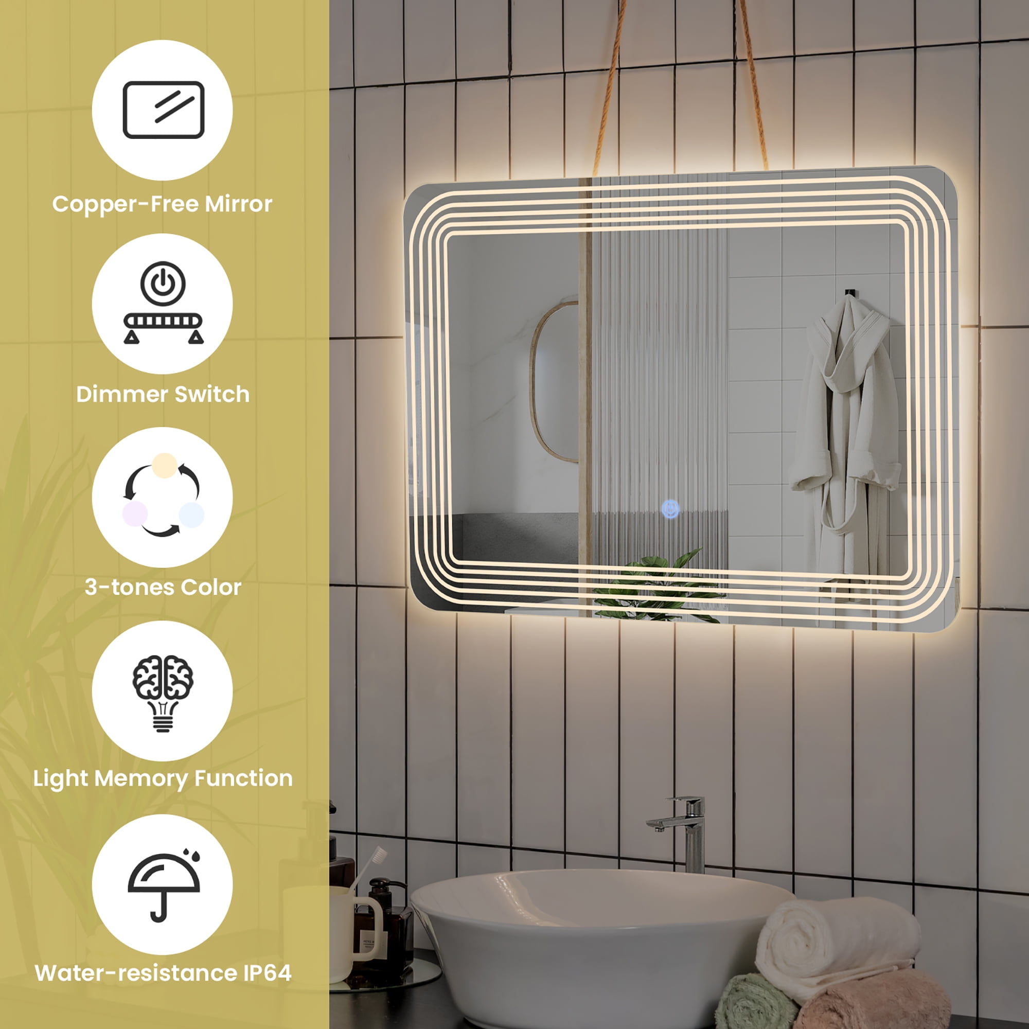 Rectangle LED Bathroom Mirror with Dimmable Touch Switch