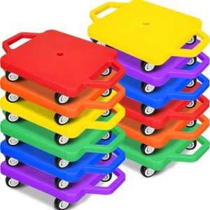 12 Pcs Sports Scooter Board with Handles Plastic Casters Floor Scooter for Kids Sitting Scooter Board for Boy and Girl Gym Indoor Outdoor Activities Physical Education Equipment (Colors)