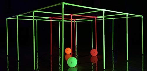 9 Square in The Air—Neon Game Set. Original & Best. Glows Under Blacklight! Height Adjustable, Portable & Waterproof. Great for All Ages & Skill Levels. Indoor use only.