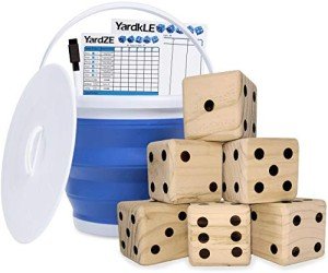 GETMOVIN SPORTS Giant Wooden Playing Dice Set with Roll Bucket and Scorecard, Outdoor Lawn Yard Game - Includes 6 Dice, Dry Erase Scorecard W/Marker, Roll Bucket, Carrying Bag (3.5" Dice)