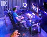 L-Shaped Gaming Desk with LED Lights & Power Ports