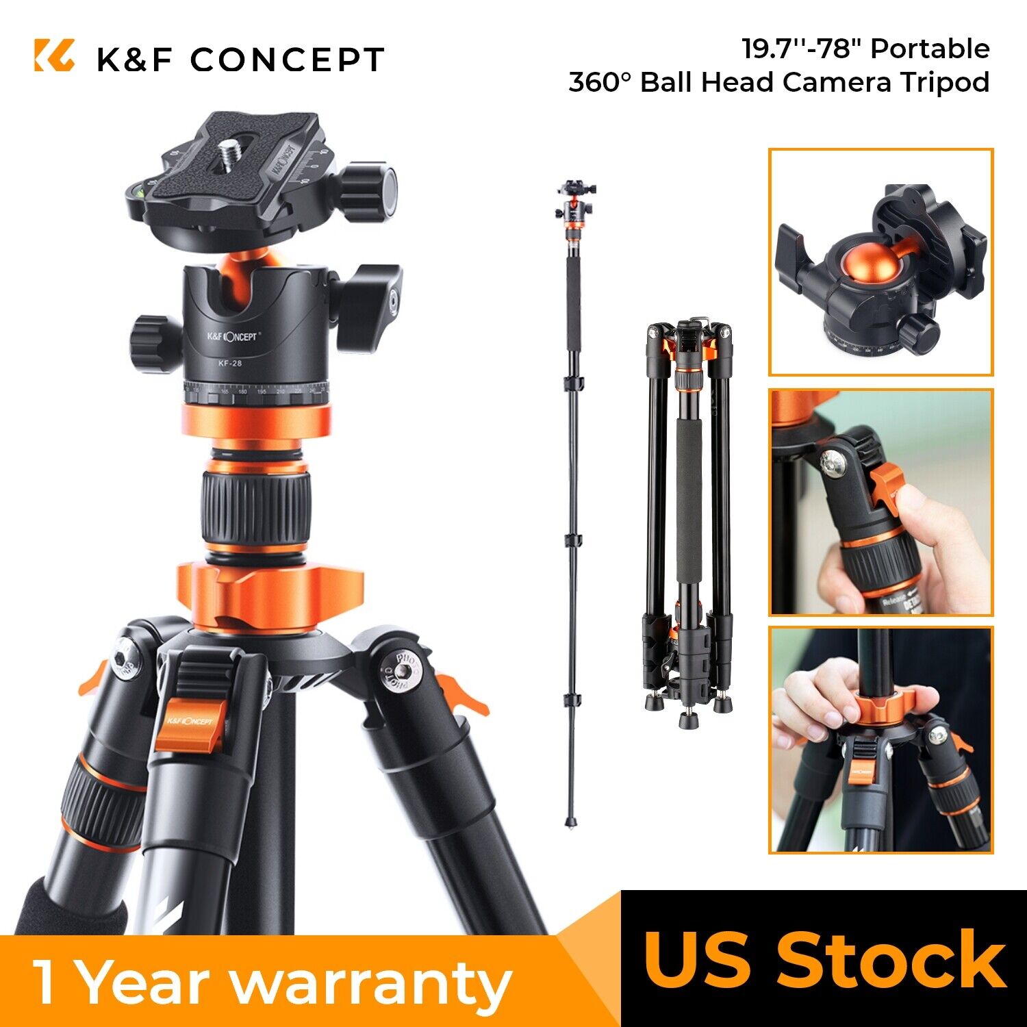 K&F Concept 78" Aluminum Camera Tripod with Ball Head