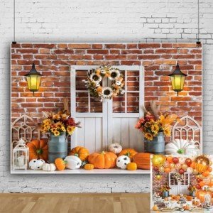 Fall Rustic Backdrop for Photography Autumn Harvest Pumpkin Sunflower Photo Background Red Brick Wall White Barn Door Portrait Background Thanksgiving Day Fall Theme Party Decorations Banner 7x5ft