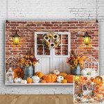 Fall Rustic Backdrop for Photography Autumn Harvest Pumpkin Sunflower Photo Background Red Brick Wall White Barn Door Portrait Background Thanksgiving Day Fall Theme Party Decorations Banner 7x5ft