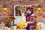 Fall Rustic Backdrop for Photography Autumn Harvest Pumpkin Sunflower Photo Background Red Brick Wall White Barn Door Portrait Background Thanksgiving Day Fall Theme Party Decorations Banner 7x5ft