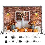 Fall Rustic Backdrop for Photography Autumn Harvest Pumpkin Sunflower Photo Background Red Brick Wall White Barn Door Portrait Background Thanksgiving Day Fall Theme Party Decorations Banner 7x5ft