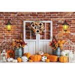 Fall Rustic Backdrop for Photography Autumn Harvest Pumpkin Sunflower Photo Background Red Brick Wall White Barn Door Portrait Background Thanksgiving Day Fall Theme Party Decorations Banner 7x5ft