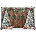 Wollmix Christmas Backdrops for Photography, Winter Rustic Barn Wood Door Photo Background Xmas Eve Tree Snow Banner Family Holiday Party Decoration Supplies Portraits Photo Booth Studio Props 7x5ft
