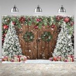 Wollmix Christmas Backdrops for Photography, Winter Rustic Barn Wood Door Photo Background Xmas Eve Tree Snow Banner Family Holiday Party Decoration Supplies Portraits Photo Booth Studio Props 6x4ft