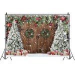 Wollmix Christmas Backdrops for Photography, Winter Rustic Barn Wood Door Photo Background Xmas Eve Tree Snow Banner Family Holiday Party Decoration Supplies Portraits Photo Booth Studio Props 6x4ft