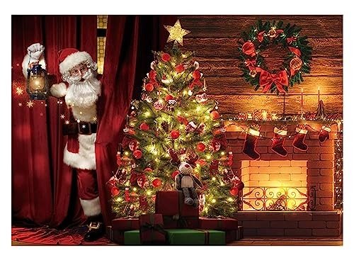 Allenjoy Christmas Photography Backdrop Santa Claus Winter Xmas Tree Fireplace Background Vintage Holiday Photobooth Portrait Party Banner Festival Photo Studio Mini Session Props Supplies 7x5ft