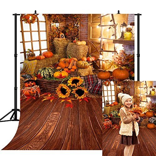 CapiSco 5X7FT Fall Thanksgiving Halloween photo Backdrop Pumpkin Vinyl Background Wooden Floor Barn Autumn Pumpkins Maple Leaves Sunflower Backdrop for Kids Parties Family Portrait Backdrop SCO195A