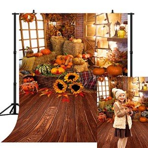 CapiSco 5X7FT Fall Thanksgiving Halloween photo Backdrop Pumpkin Vinyl Background Wooden Floor Barn Autumn Pumpkins Maple Leaves Sunflower Backdrop for Kids Parties Family Portrait Backdrop SCO195A