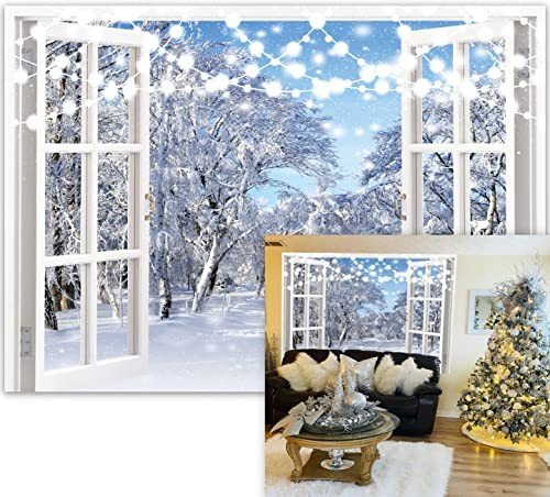 BINQOO 7x5ft Winter Landscape Window Photography Backdrop Christmas Snow Trees Scenery Background Baby Shower Kids Birthday Party Portrait Photo Studio Props
