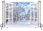 BINQOO 7x5ft Winter Landscape Window Photography Backdrop Christmas Snow Trees Scenery Background Baby Shower Kids Birthday Party Portrait Photo Studio Props