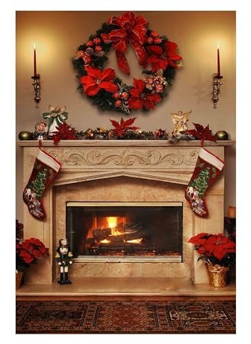 Funnytree 5x7ft Winter Christmas Fireplace Photography Backdrop Interior Vintage Xmas Stockings Background Portrait Photobooth Banner Party Decorations Photo Studio Props