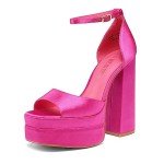 Hot Pink Satin Chunky Block Heels for Women