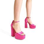 Hot Pink Satin Chunky Block Heels for Women