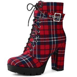Colorful Plaid Chunky Heel Combat Boots for Women