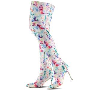 Colorful Floral Stiletto Thigh High Boots, Size 8.5