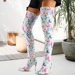 Colorful Floral Stiletto Thigh High Boots, Size 8.5