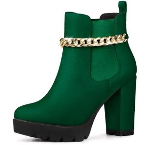 Chunky Green Ankle Boots with Gold Chain