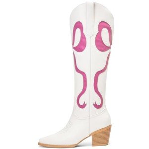 Colorful Bows Embroidered White Knee-High Cowboy Boots
