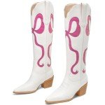Colorful Bows Embroidered White Knee-High Cowboy Boots