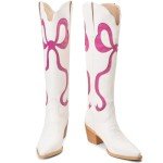 Colorful Bows Embroidered White Knee-High Cowboy Boots