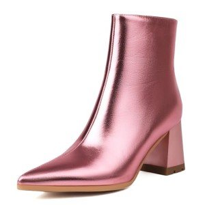 Pink Metallic Pointed Toe Chunky Heel Booties