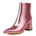 Pink Metallic Pointed Toe Chunky Heel Booties