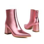 Pink Metallic Pointed Toe Chunky Heel Booties