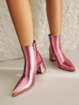 Pink Metallic Pointed Toe Chunky Heel Booties