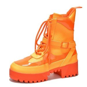 Neon Orange Chunky Platform Combat Boots for Women