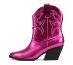 Magenta Metallic Low Heel Western Ankle Boots