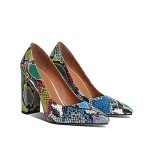 Colorful Snakeskin Chunky Heel Pumps for Women