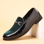 COSIDRAM Men's Green Velvet Loafers with Gold Buckle