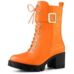 Allegra K Orange Zip Platform Chunky Heel Boots