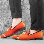 Vibrant Orange Men's Slip-On Leather Loafers