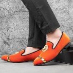 Vibrant Orange Men's Slip-On Leather Loafers