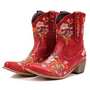 Flower Embroidered Colorful Cowgirl Ankle Boots