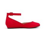 Red Suede Ankle Strap Wedge Flats for Women